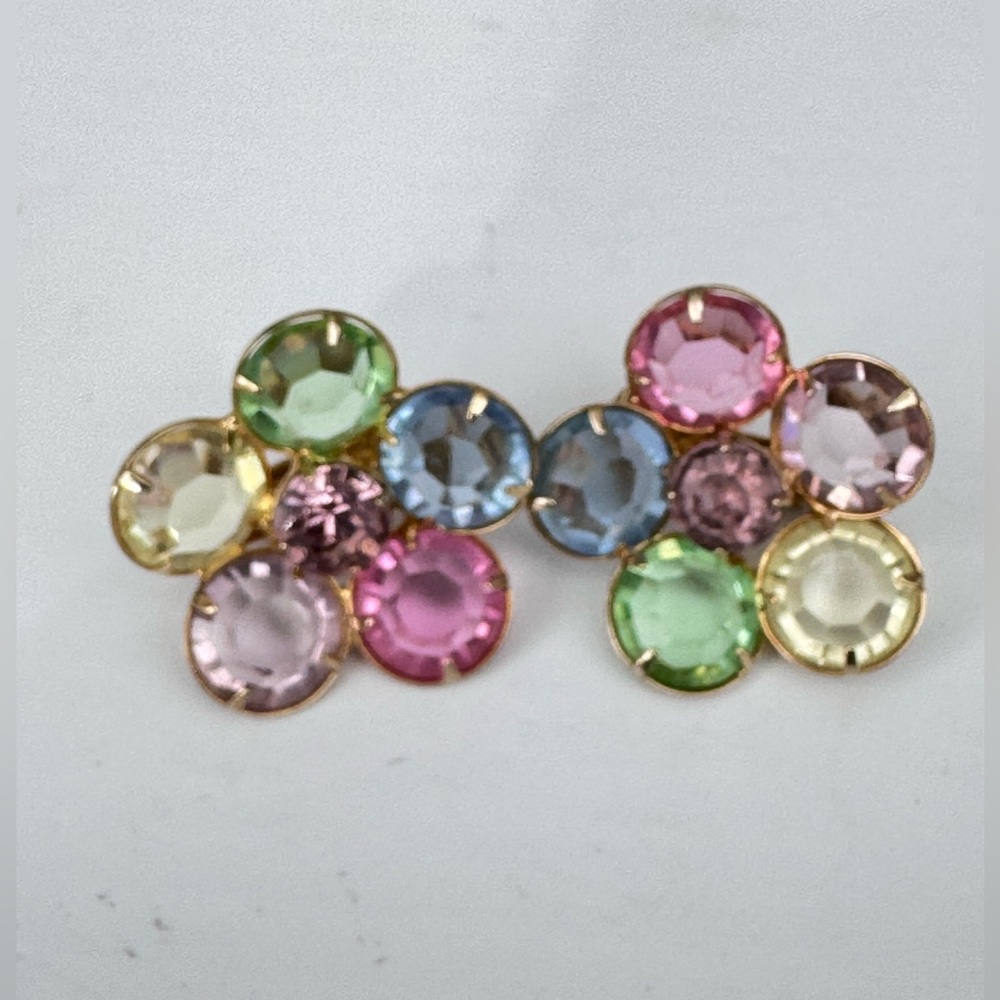 Vintage Earrings Clip On Bezel Set Pastel Tutti Frutti Uranium Glass MCM